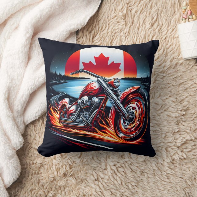 Motorcycle racing under a Canadian flag sunset Throw Pillow (Blanket)
