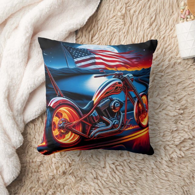Motorcycle ride under the moon with American flag Throw Pillow (Blanket)