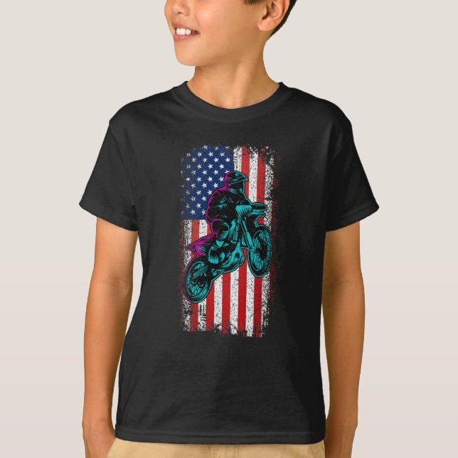 Motorcycle Rider Biker USA American Flag Motocross T-Shirt (Front)