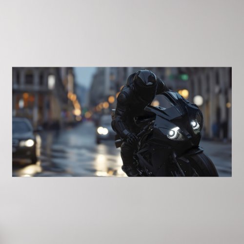 Motorcycle Rider In Black Gear On Wet City Street Poster