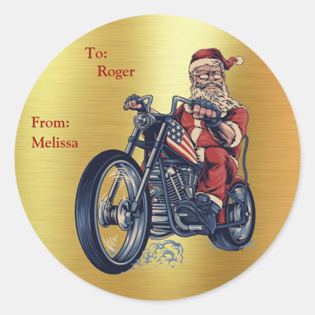 Motorcycle Riding Santa Claus on Gold Foil Classic Round Sticker (Front)