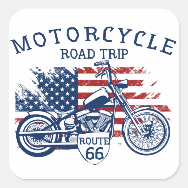 Motorcycle Road Trip Route 66 USA Flag Square Sticker (Front)