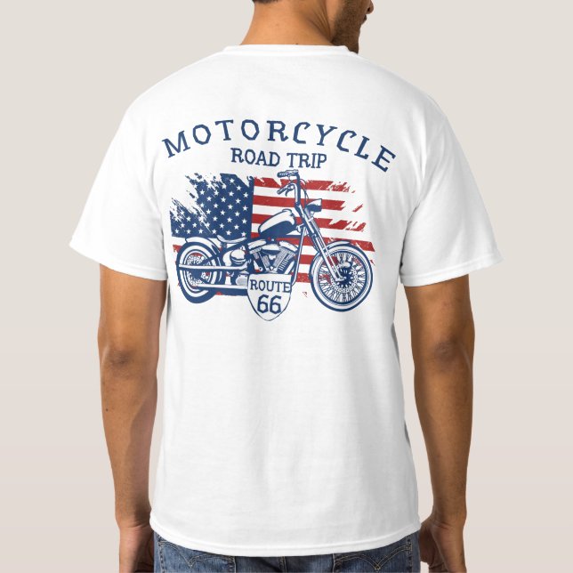 Motorcycle Road Trip Route 66 USA Flag T-Shirt (Back)
