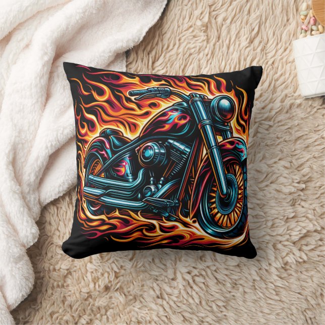 Motorcycle roaring amid vibrant flames at dusk throw pillow (Blanket)