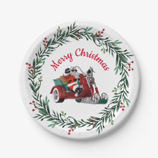 Motorcycle Santa and Wreath Christmas Party Paper Plates (Front)
