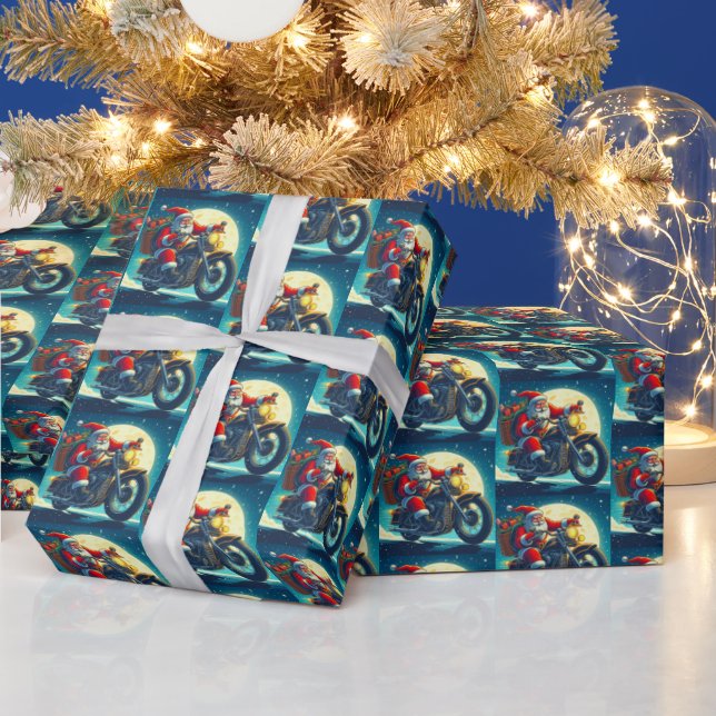 Motorcycle Santa Claus Christmas Eve Wrapping Paper (Holidays)
