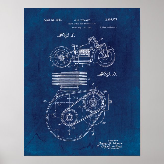 Motorcycle Shaft Drive 1943 Patent Blueprint Poster (Front)