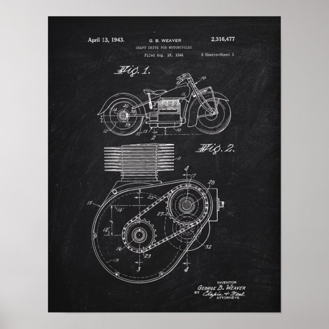 Motorcycle Shaft Drive 1943 Patent Chalkboard Poster (Front)