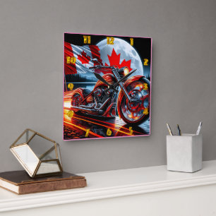 Motorcycle shines with Canadian flag at night Square Wall Clock