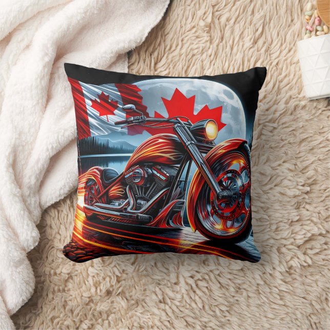 Motorcycle shines with Canadian flag at night Throw Pillow (Blanket)