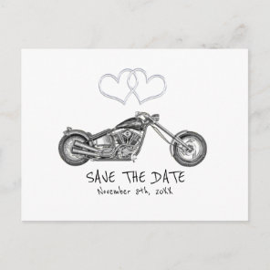 Motorcycle & Silver Hearts Biker Save The Date Announcement Postcard
