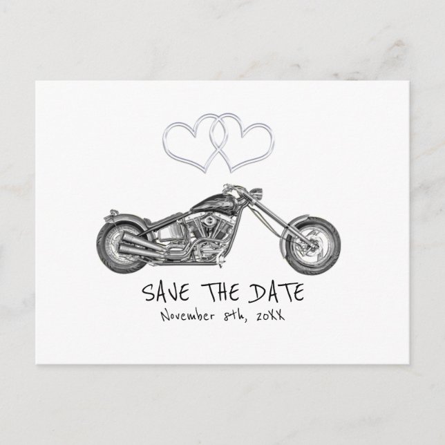 Motorcycle & Silver Hearts Biker Save The Date Announcement Postcard (Front)
