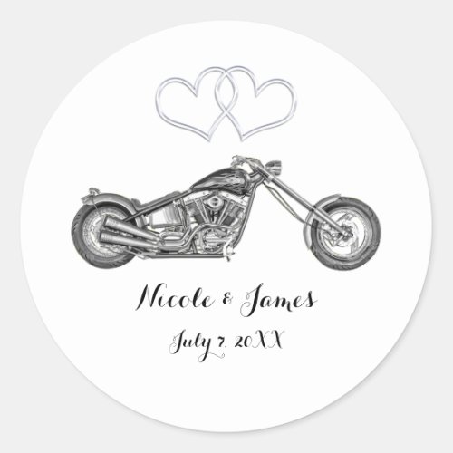 Motorcycle  Silver Hearts Biker Wedding Favor Classic Round Sticker
