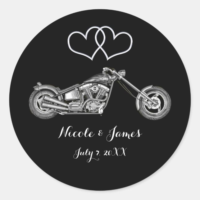 Motorcycle & Silver Hearts Biker Wedding Favor Classic Round Sticker (Front)