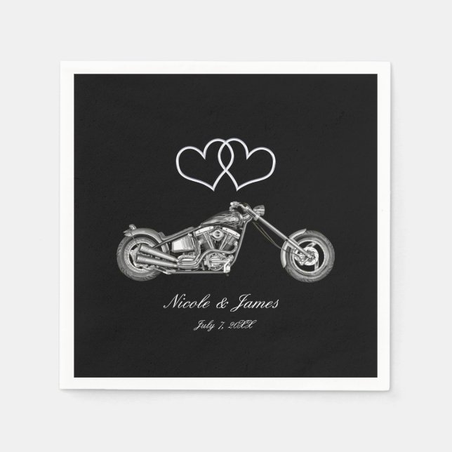 Motorcycle & Silver Hearts Biker Wedding Paper Napkins (Front)