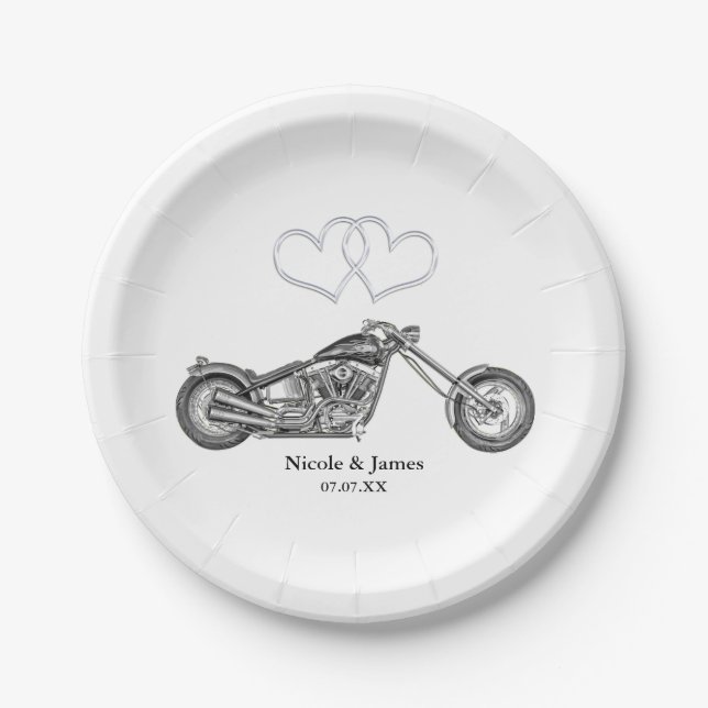 Motorcycle & Silver Hearts Biker Wedding Paper Plates (Front)