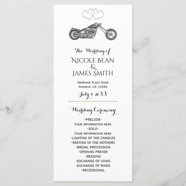 Motorcycle & Silver Hearts Biker Wedding Program (Front)