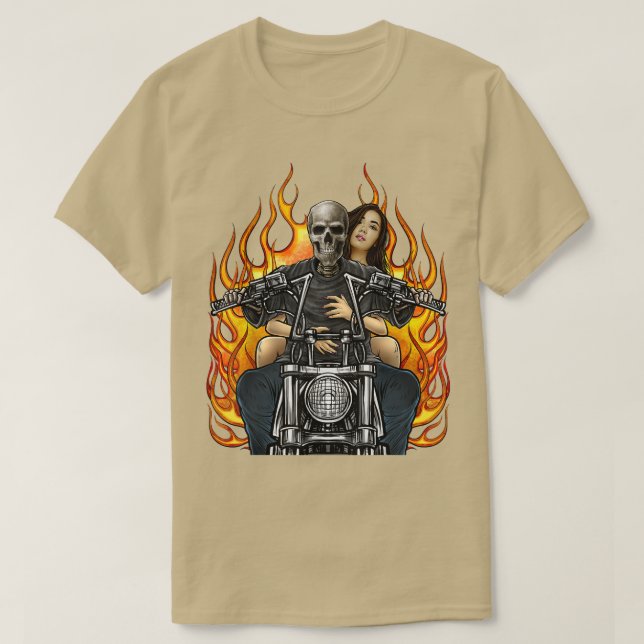 Motorcycle Skeleton Biker Babe Flames Badass Biker T-Shirt (Design Front)