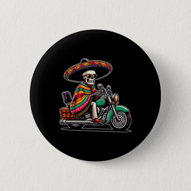 Motorcycle Skeleton Biker Mexican Sombrero Cinco D Button (Front)