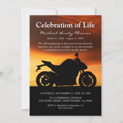 Motorcycle Sunset  Celebration Of Life Invitation