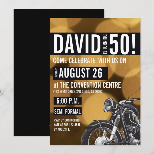 Motorcycle theme, 50th birthday, Gold and black Invitation (Front/Back)