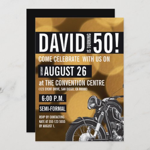 Motorcycle theme 50th birthday Gold and black Invitation