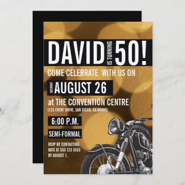Motorcycle theme, 50th birthday, Gold and black Invitation