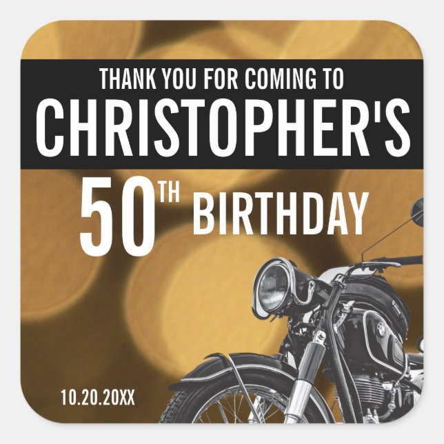 Motorcycle theme, 50th birthday, Gold and black Square Sticker (Front)