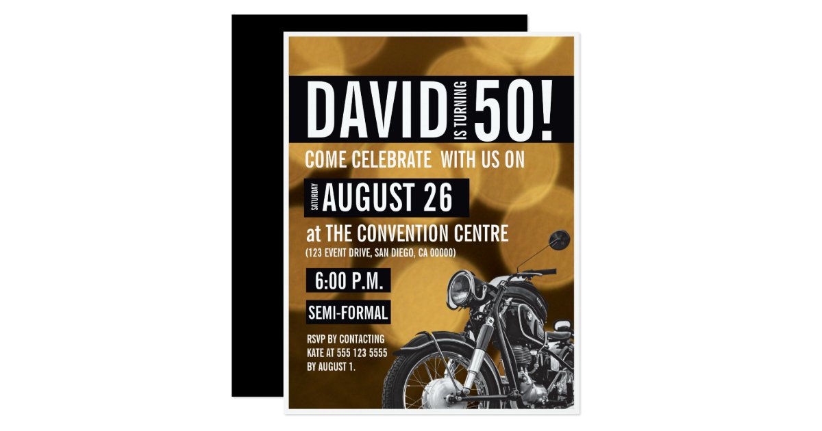 Motorcycle theme 50th birthday party Gold black Invitation | Zazzle.com