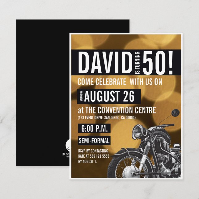 Motorcycle theme 50th birthday party Gold black Invitation (Front/Back)