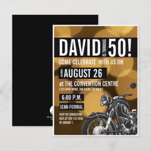 Motorcycle theme 50th birthday party Gold black Invitation