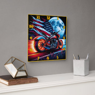 Motorcycle under full moon, American flag Square Wall Clock