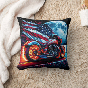 Motorcycle under full moon, American flag Throw Pillow