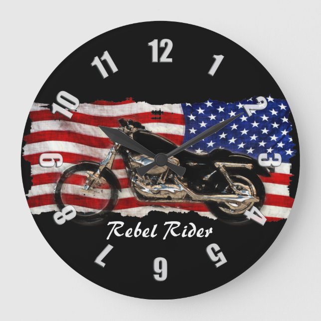 Motorcycle & US Flag Design Large Clock (Front)