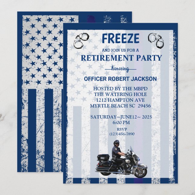   Motorcycle US Flag Police Officer Retirement  Invitation (Front/Back)