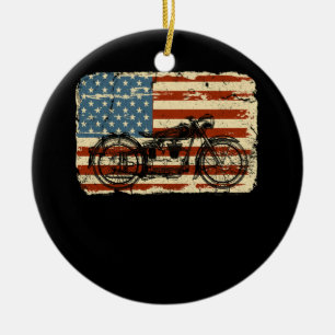 Motorcycle USA Flag patriotic vintage July 4th Ceramic Ornament