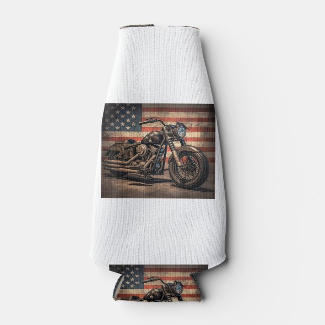 Motorcycle USA Flag Retro Biker Bottle Cooler (Front)