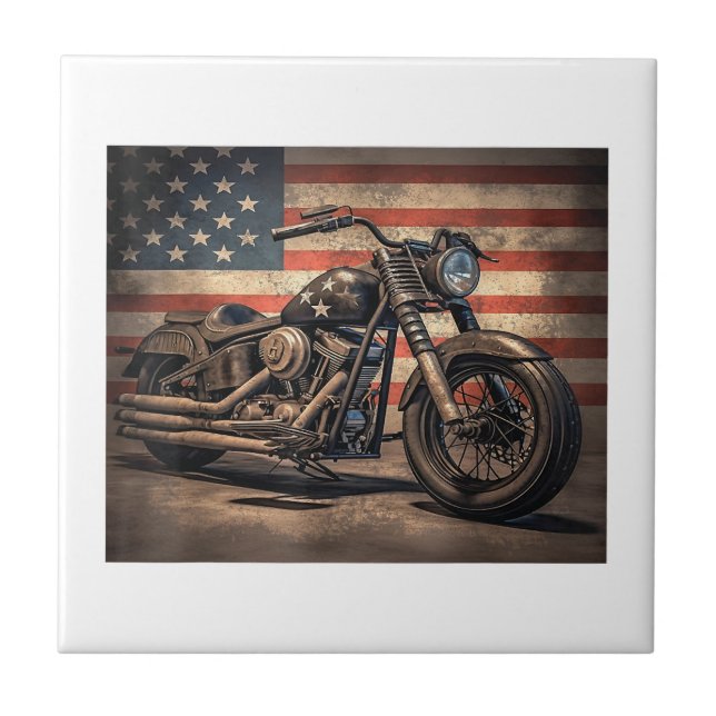 Motorcycle USA Flag Retro Biker Ceramic Tile (Front)