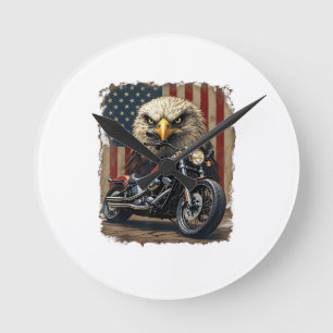 Motorcycle USA Flag Retro Biker Chopper Round Clock