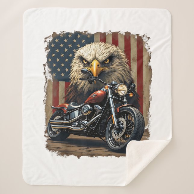 Motorcycle USA Flag Retro Biker Chopper Sherpa Blanket (Front)
