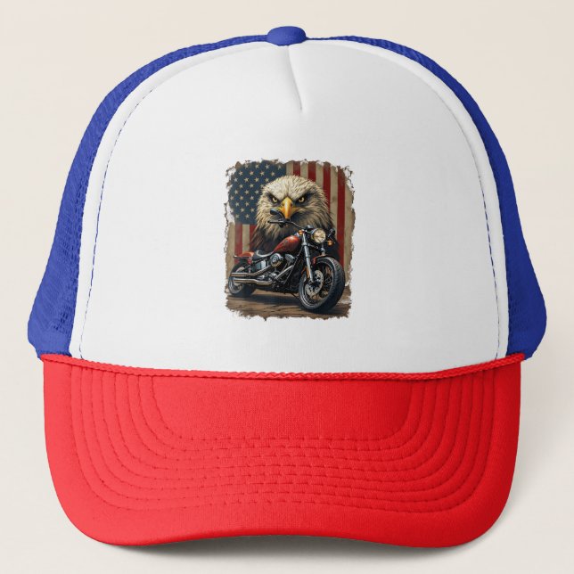 Motorcycle USA Flag Retro Biker Chopper Trucker Hat (Front)