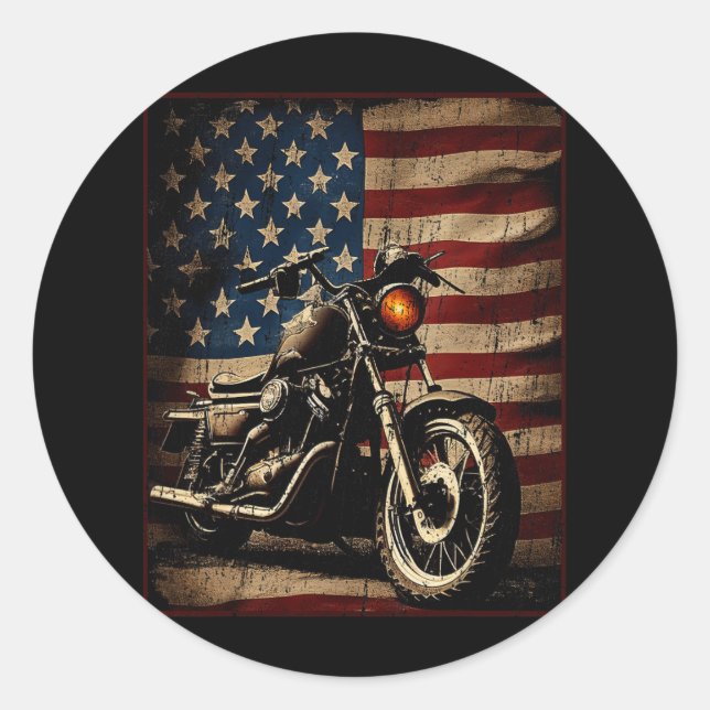 Motorcycle Usa Flag Retro Biker  Classic Round Sticker (Front)