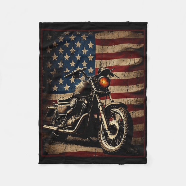 Motorcycle Usa Flag Retro Biker  Fleece Blanket (Front)