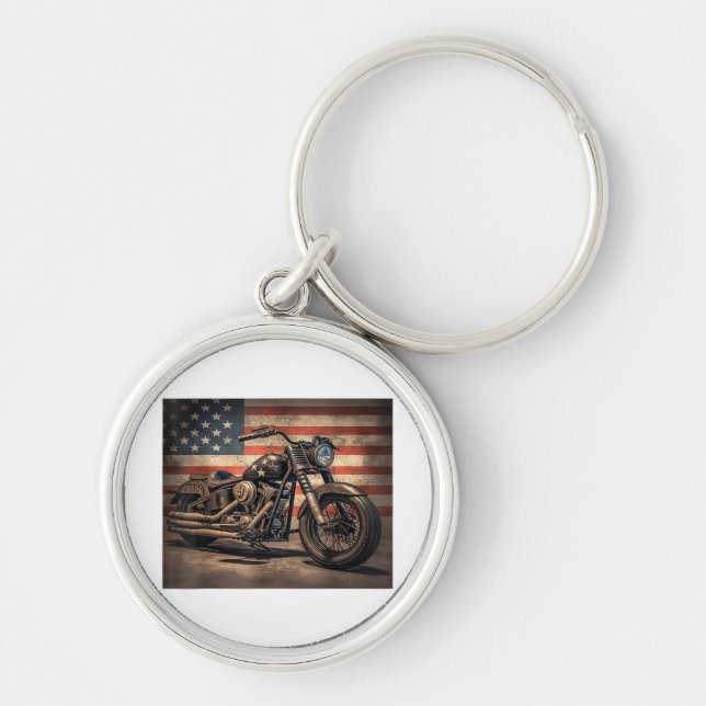 Motorcycle USA Flag Retro Biker Keychain (Front)