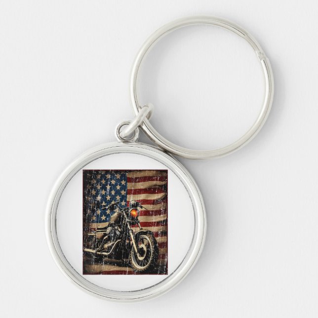 Motorcycle USA Flag Retro Biker Keychain (Front)
