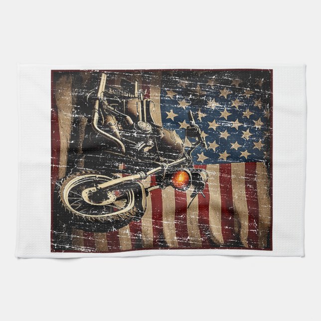 Motorcycle USA Flag Retro Biker Kitchen Towel (Horizontal)