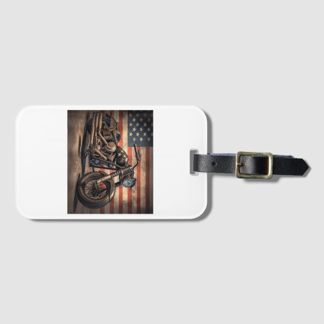 Motorcycle USA Flag Retro Biker Luggage Tag (Front Horizontal)