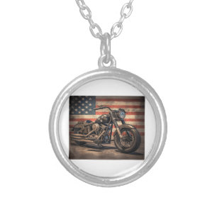 Motorcycle USA Flag Retro Biker Silver Plated Necklace