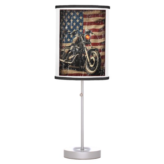 Motorcycle USA Flag Retro Biker Table Lamp (Front)