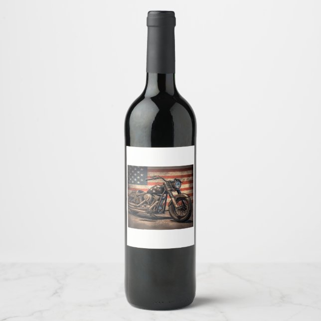 Motorcycle USA Flag Retro Biker Wine Label (Front)